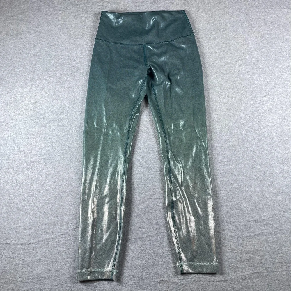 Lululemon Leggings Womens 6 High Rise Green Metallic Flecked Ankle Yoga‎ Pants